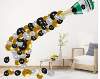 DIY Balloon garland kit Gold Black Silver Champagne bottle balloon garland - Celebration Graduation New Year Wedding Bachelorette backdrop