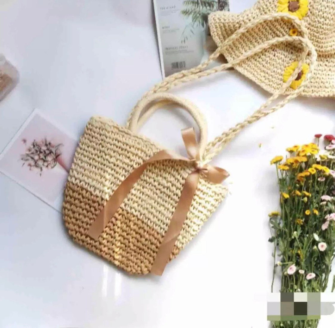 Summer straw beach bag with bowknot handmade woven straw bag | Etsy