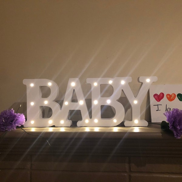 Wooden Vintage LED Marquee BABY sign- Freestanding Led letter BABY -baby sign Led light .