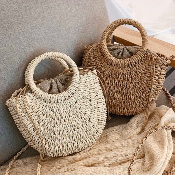 Half moon shaped handwoven straw bag- summer beach bag- straw clutch- semicircle handwoven straw handbag-  shoulder straw bag.