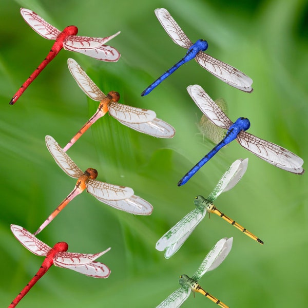 Realistic Artificial Dragonfly 5” 12pk- faux dragonfly with wire floral picks dragonfly garden decoration.