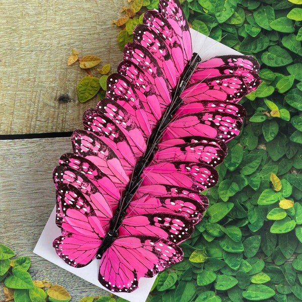 12 Large Feather Pink Monarch Butterflies 5inch- Artificial Feather Pink butterflies- butterfly scrapbooking- Vibrant Monarch #5184P