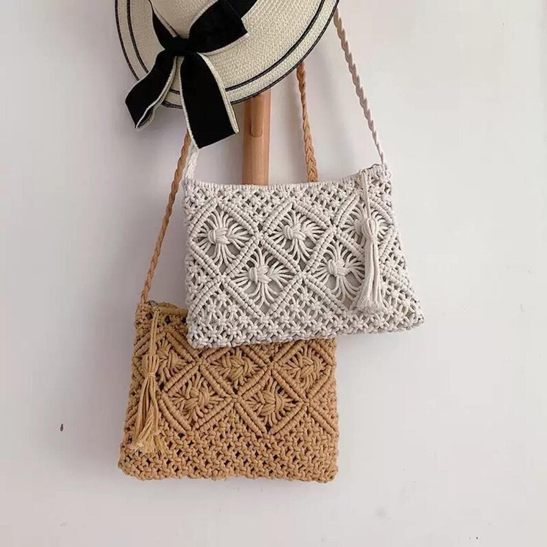 Vintage Bohemian beach bag, Macrame women crochet braid fringed crossbody bag, hand knitted bag-cotton straw shoulder bag 