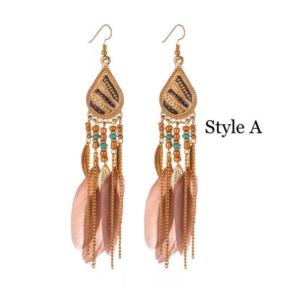 Long Bohemian Feather Earrings Vintage Jewelry, Jewels Creative Gifts for Women Girls 1Pair, Free Returns & Free Ship, 2.49, Light Color, Alloy