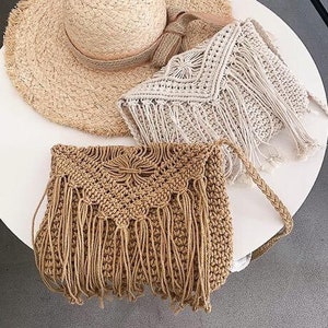 Vintage Bohemian tassel beach bag, Macrame women crochet braid fringed crossbody bag, hand knitted bag-cotton straw shoulder bag