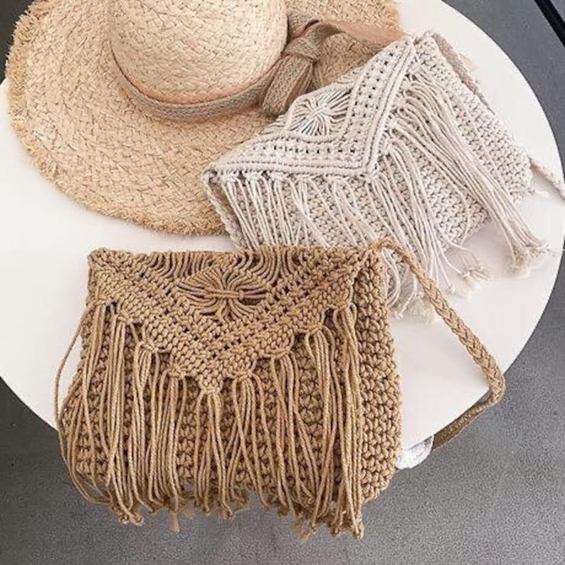 Vintage Bohemian tassel beach bag, Macrame women crochet braid fringed crossbody bag, hand knitted bag-cotton straw shoulder bag 