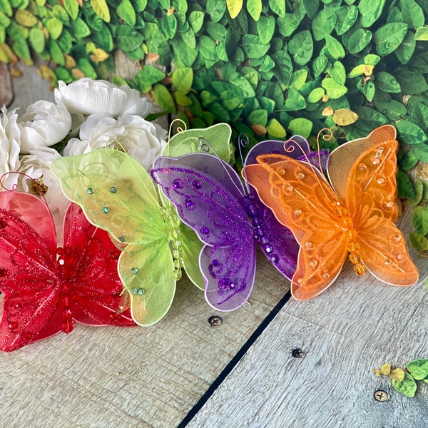 6” Double layered butterflies with clip- sheer nylon wired butterflies- mariposa con clip