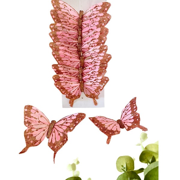 12 Large Feather Monarch Butterflies 5”Rose Gold with Glitter, Artificial Feather Butterfly Floral Picks, Scrapbooking