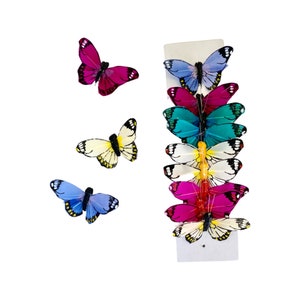 12 Feather Monarch Butterflies Assorted Colors 2inch- 2” Artificial Feather Butterflies for Crafts- Faux butterfly picks-