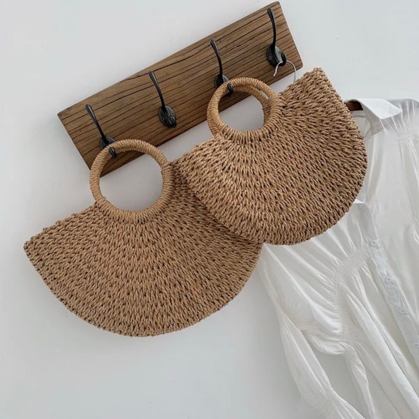 Half moon shaped handwoven straw bag- summer beach bag- straw clutch- semicircle handwoven straw handbag