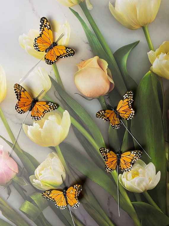 Berfutall- Feather Monarch Butterfly Decorations Set of 12 On Wire Party  Spring Home Decor Floral
