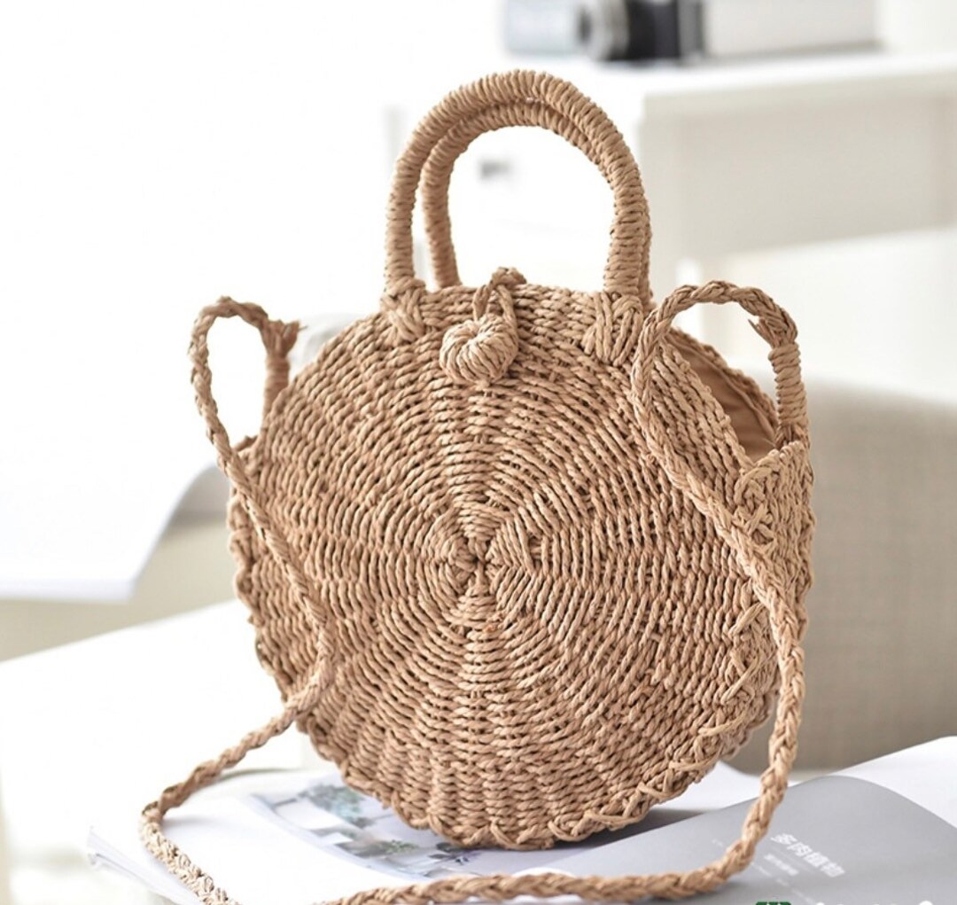 Crossbody Round Straw Bag Handmade Wicker Bag Black Closure