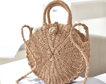 Bohemian Round Straw Bag, Circular Straw Crossbody Bag, Summer Rattan Hand Woven Beach Tote Shoulder Handbag, Snail Shaped Artistic Bag