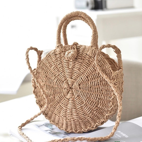 Bohemian Round Straw Bag, Circular Straw Crossbody Bag, Summer Rattan Hand Woven Beach Tote Shoulder Handbag, Snail Shaped Artistic Bag