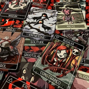 May include: A set of playing cards with black borders and illustrations of various creatures and symbols. The cards feature text such as "Control", "Knowledge", "Solitude", "Fuath", "Malice", "Rusalka", "Namazu", "Grootlsan", "Constrained", "Ifrit", and "Olgoi-Khorkhoi".