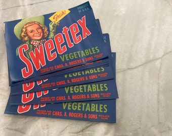 Sweetex Vegetables,  Vintage Produce Label,  Weslaco Texas,  Vintage Farm Label,  Chas Rogers, Vintage USA can food, Rustic Farm Decor