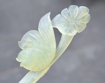 Green Plum Blossom Flower Hairpin - Serpentine Jade Hair  display picture 1