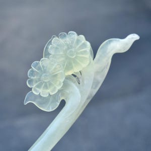 Green Carved Flower Hairpin - Serpentine Jade Hair Stick