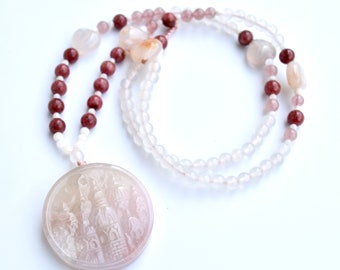 White Sakura Agate Castle Pendant Red Necklace - Long Necklace