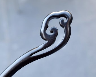 Ruyi Carved Black Wood Hair Stick - Chinese Hairpin