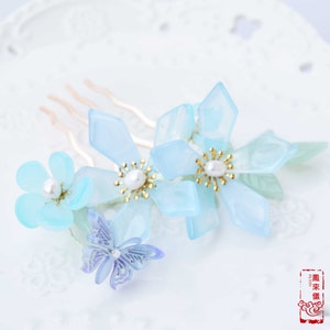 Clearance ｜ Blue Glassware Flower & Purple Butterfly - Chinese Flower Hairpin