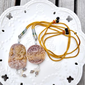 Purple Yellow Jade Pendant Rope Necklace - Phoenix ｜ Dragon