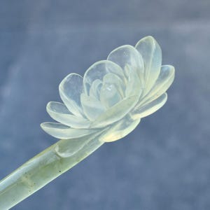 Green Icy Peony Carved Hairpin - Serpentine Jade Hair Stick
