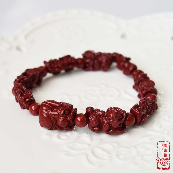 Cinnabar Pixiu 貔貅 Charms Beaded Bracelet - Stretchy Red Beads Bracelet