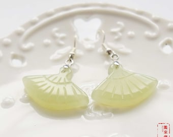 Serpentine Jade Fan Earrings: Sterling Silver, Green Stone