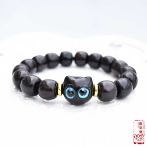 Ebony Black Cat Beaded Bracelet / Necklace  - Chinese Natural Wood Beaded Bracelet