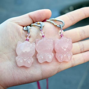 Pink Kitty Cat Pendant Rope Necklace - Rose Quartz