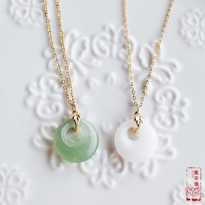 Jade Peace Buckle Necklace- Green Aventurine / White Quartz Jade - Stainless Steel Chain