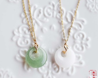 Jade Peace Buckle Necklace- Green Aventurine / White Quartz Jade - Stainless Steel Chain