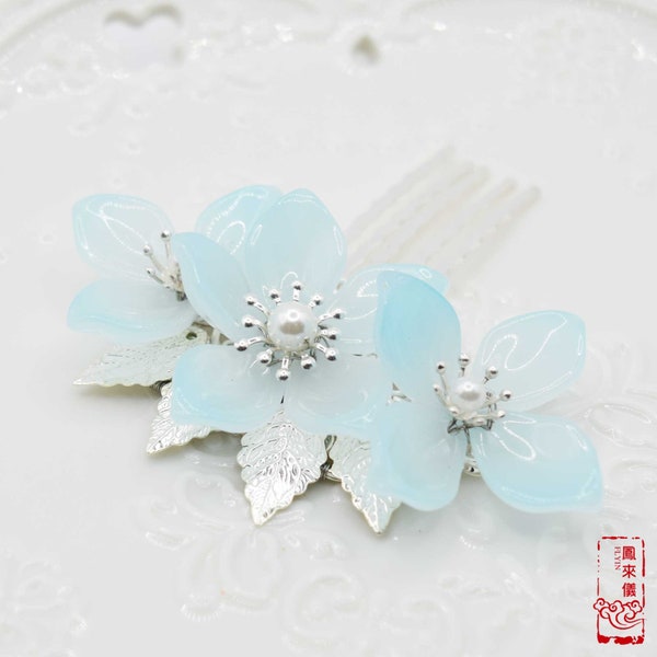 Colorful Lily Glassware Pearl Brass Hair Comb - Chinese Flower Hairpin