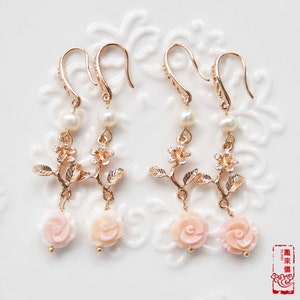 Queen Conch Shell Rose Earrings: Pink Flower Pearl Gold Earrings