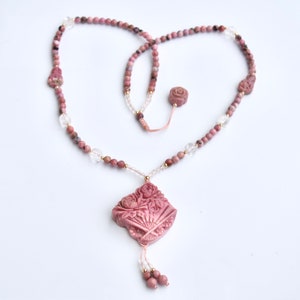 Flower Fan Necklace - Pink Rhodonite Pendant Necklace - Long Necklace