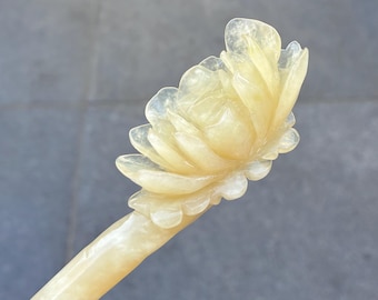 Yellow Peony Hairpin - Serpentine Jade Hair Stick