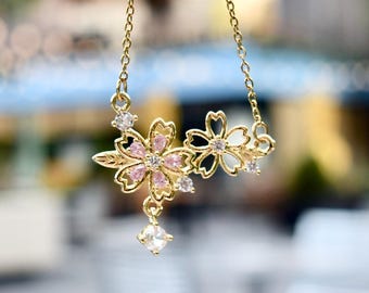 Double Sakura Charm Necklace - Pink Crystal Stainless Steel