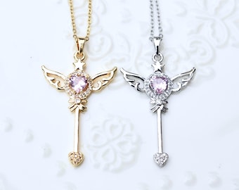 Diamond Angel Wings Charm Necklace - Cubic Zirconia Stainless Steel Necklace