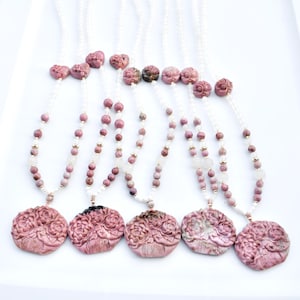 Flower Fan Necklace - Pink Rhodonite Pendant Necklace - Long Necklace