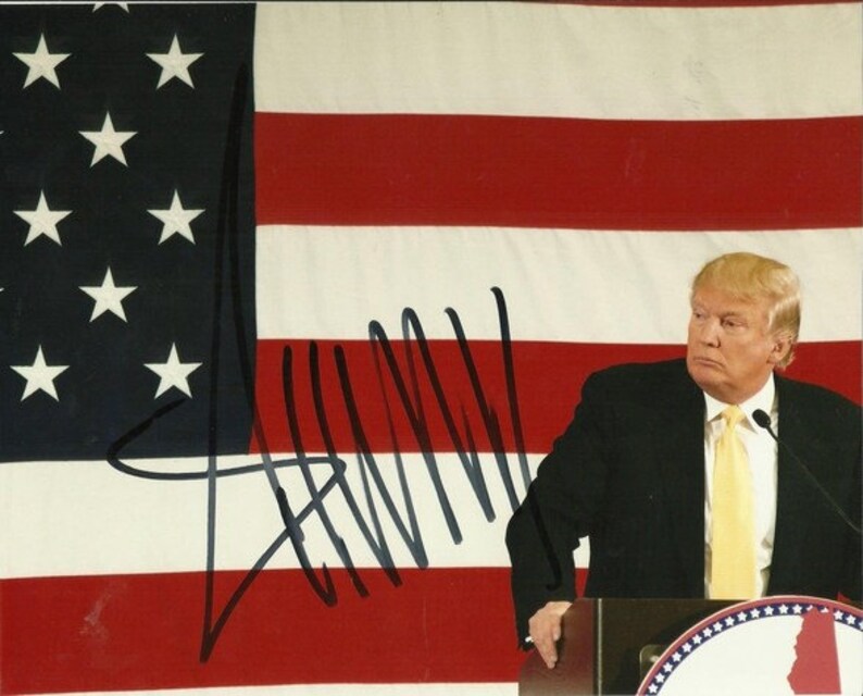President Donald Trump Hugging American Flag 8x10 Photo Reprint - Autographed