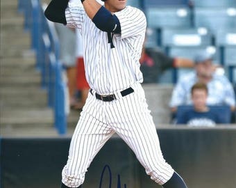 May include: A baseball player in a white and navy striped uniform with the number 17 on the front, swings a bat. The player is wearing a black baseball cap with the letters "TY" on the front. The player is standing on a baseball field.