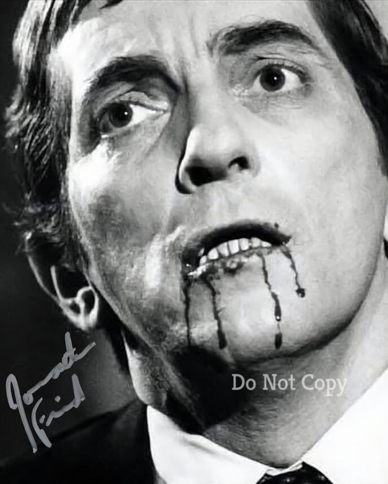 May include: Black and white portrait of an actor with dark hair and a white collared shirt. Dark liquid drips from the actor's mouth. The image includes a signature and the text "Do Not Copy".