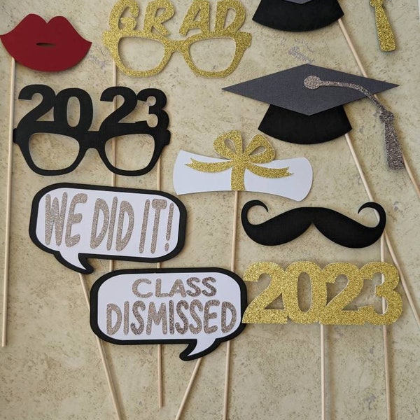 Photo Booth Props - Graduation PhotoBooth Props - 10 Piece Set - Glitter Photo Booth Set - Graduation Decorations - Graduation Decor