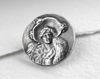 Art Nouveau Gibson Girl Silver Plated Bronze Button, Antique circa 1900