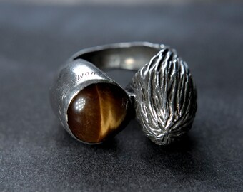 Modernist Tigers Eye and Silver 'Fox Tail' Ring, Statement Piece 1972