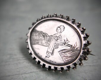 Victorian Silver Milkmaid Picture Brooch, English circa 1880