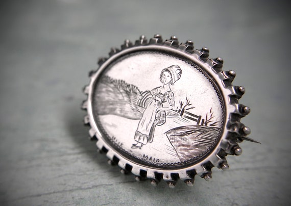 Victorian Silver Milkmaid Picture Brooch, English… - image 1