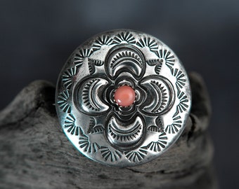 Vintage Navajo Silver and Coral Stampwork Brooch, Marked JB Sterling