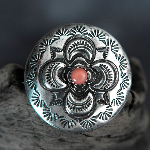 Vintage Navajo Silver and Coral Stampwork Brooch, Marked JB Sterling